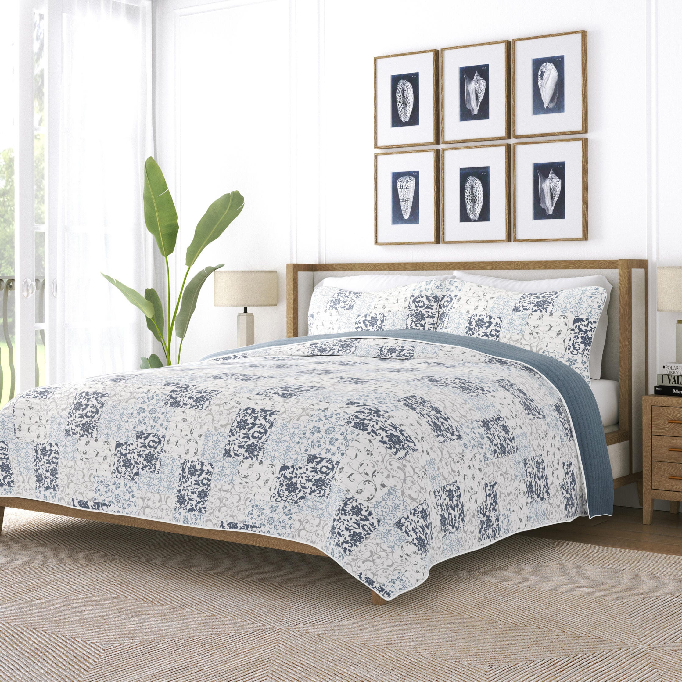 Ienjoy Home All Season 2 Piece Twin/ Twin XL Scrolled Patchwork Reversible Quilt Set with Shams, Dusk Blue, large