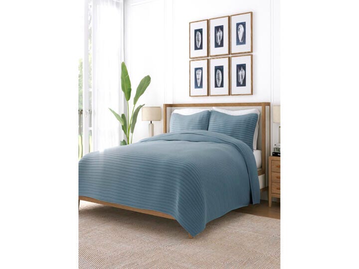 Ienjoy Home All Season 2 Piece Twin/ Twin XL Stripe Stitch Quilt Set with Shams, Dusk Blue, large