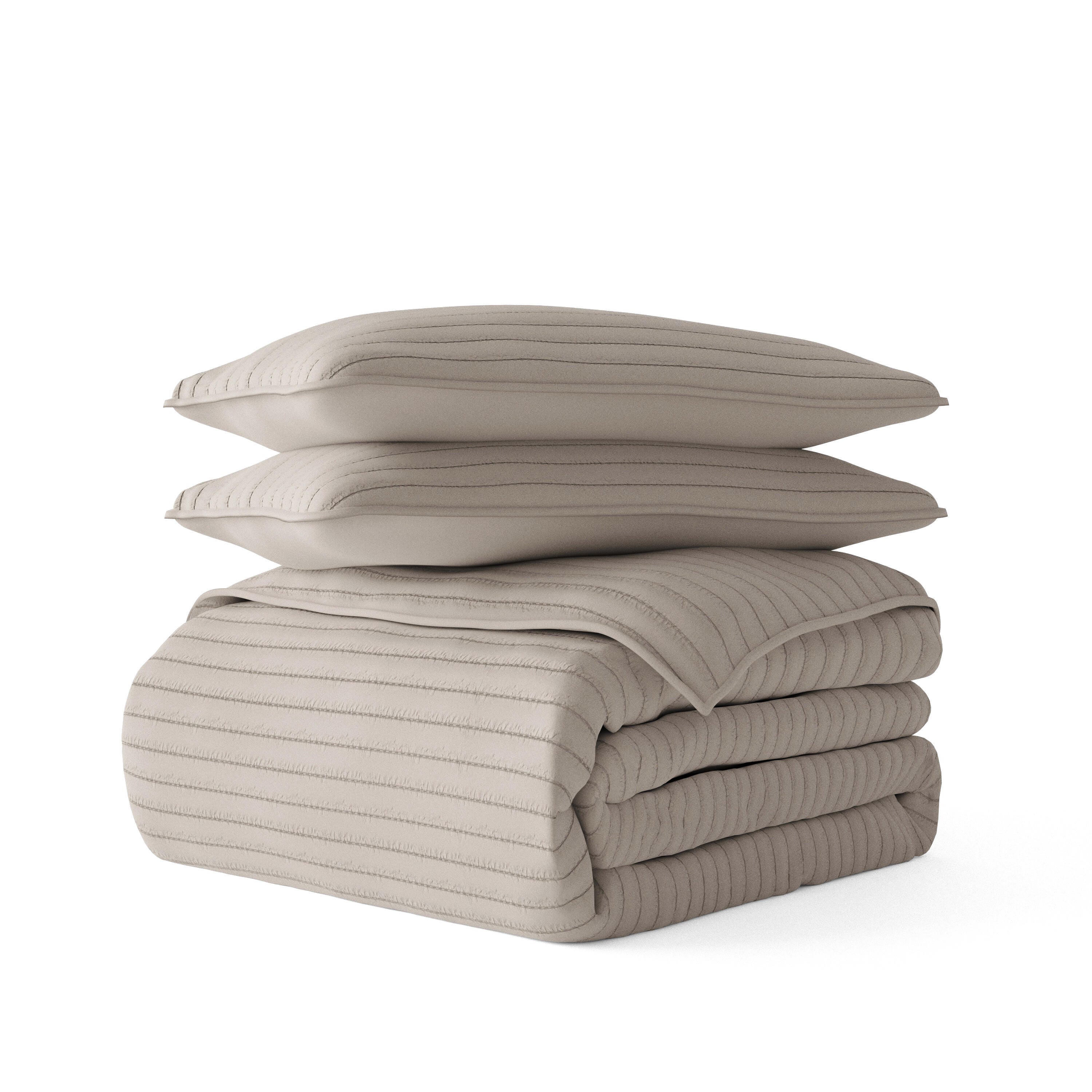 Ienjoy Home All Season 2 Piece Twin/ Twin XL Stripe Stitch Quilt Set with Shams, Latte, large
