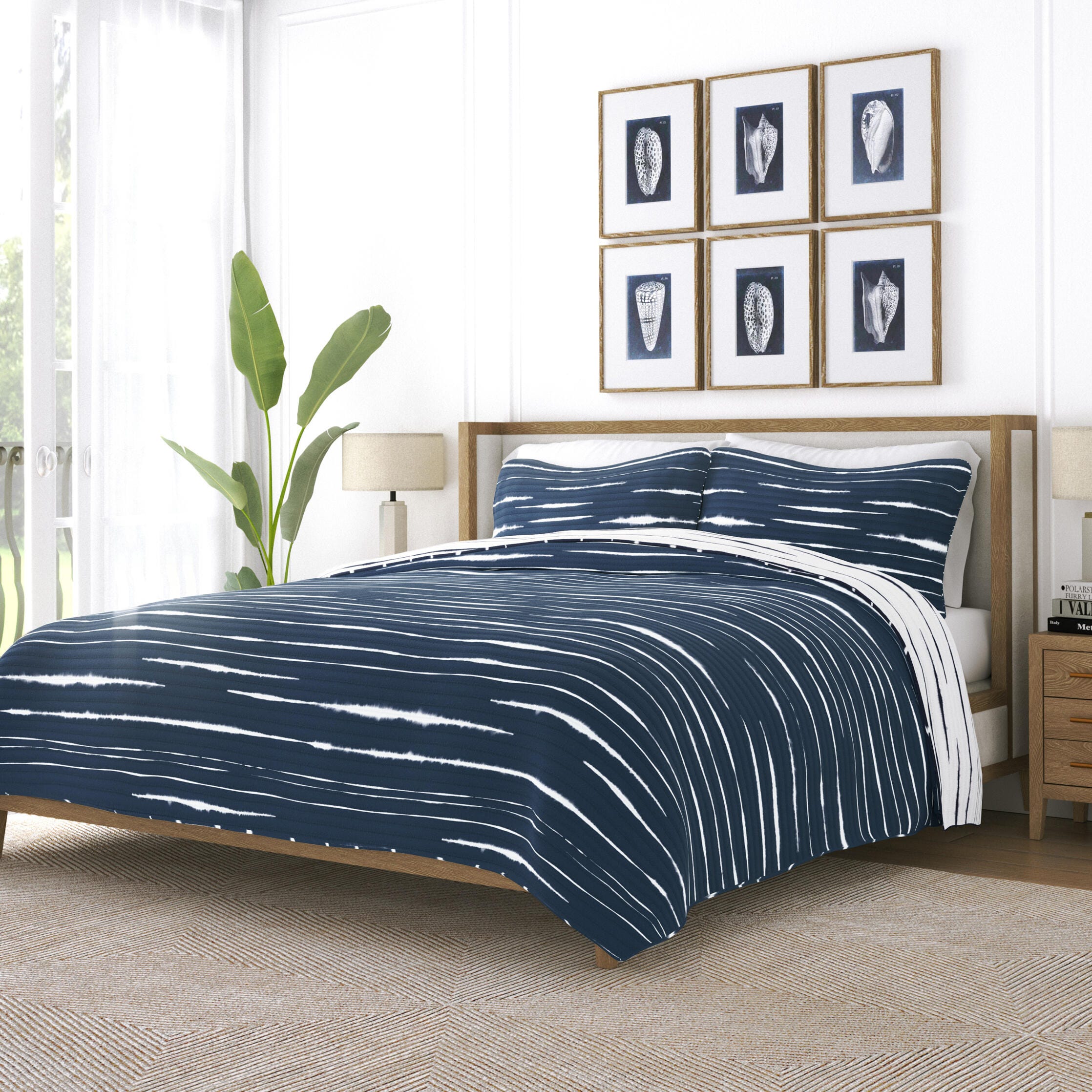 Ienjoy Home All Season 3 Piece Full/Queen Horizon Lines Reversible Quilt Set with Shams, Navy, large