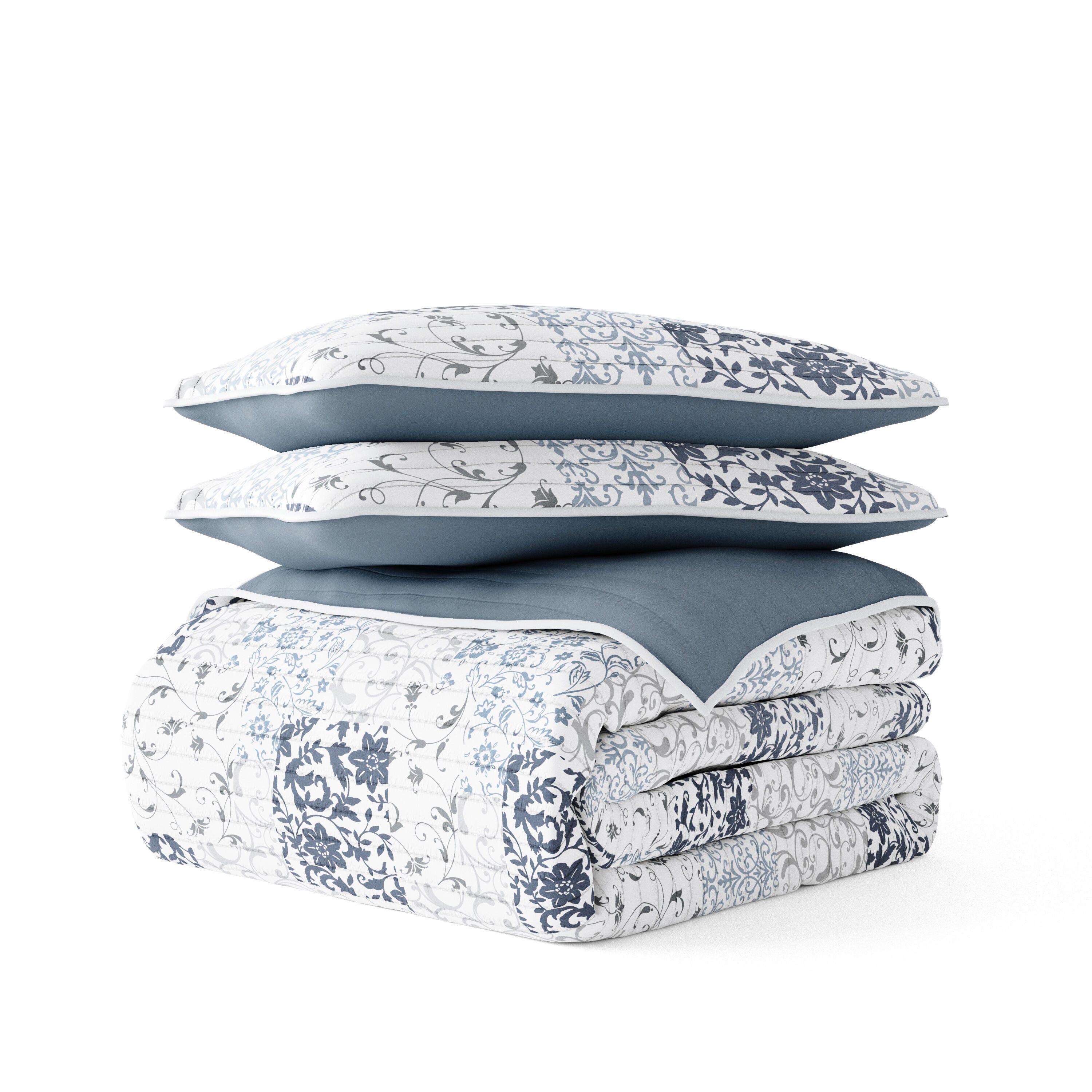 Ienjoy Home All Season 3 Piece Full/Queen Scrolled Patchwork Reversible Quilt Set with Shams, Dusk Blue, rollover