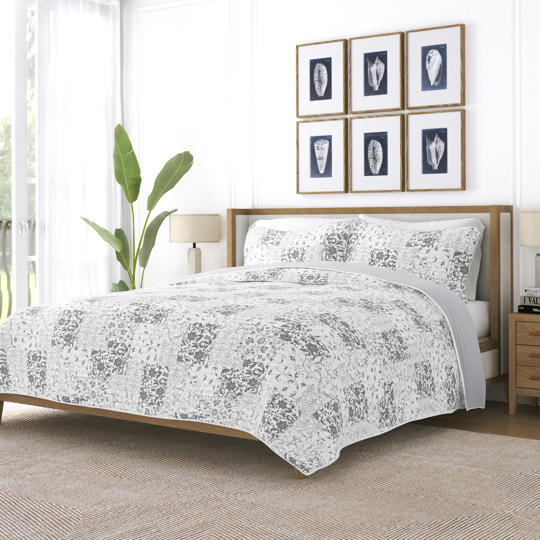 Ienjoy Home All Season 3 Piece Full/Queen Scrolled Patchwork Reversible Quilt Set with Shams, Light Gray, large