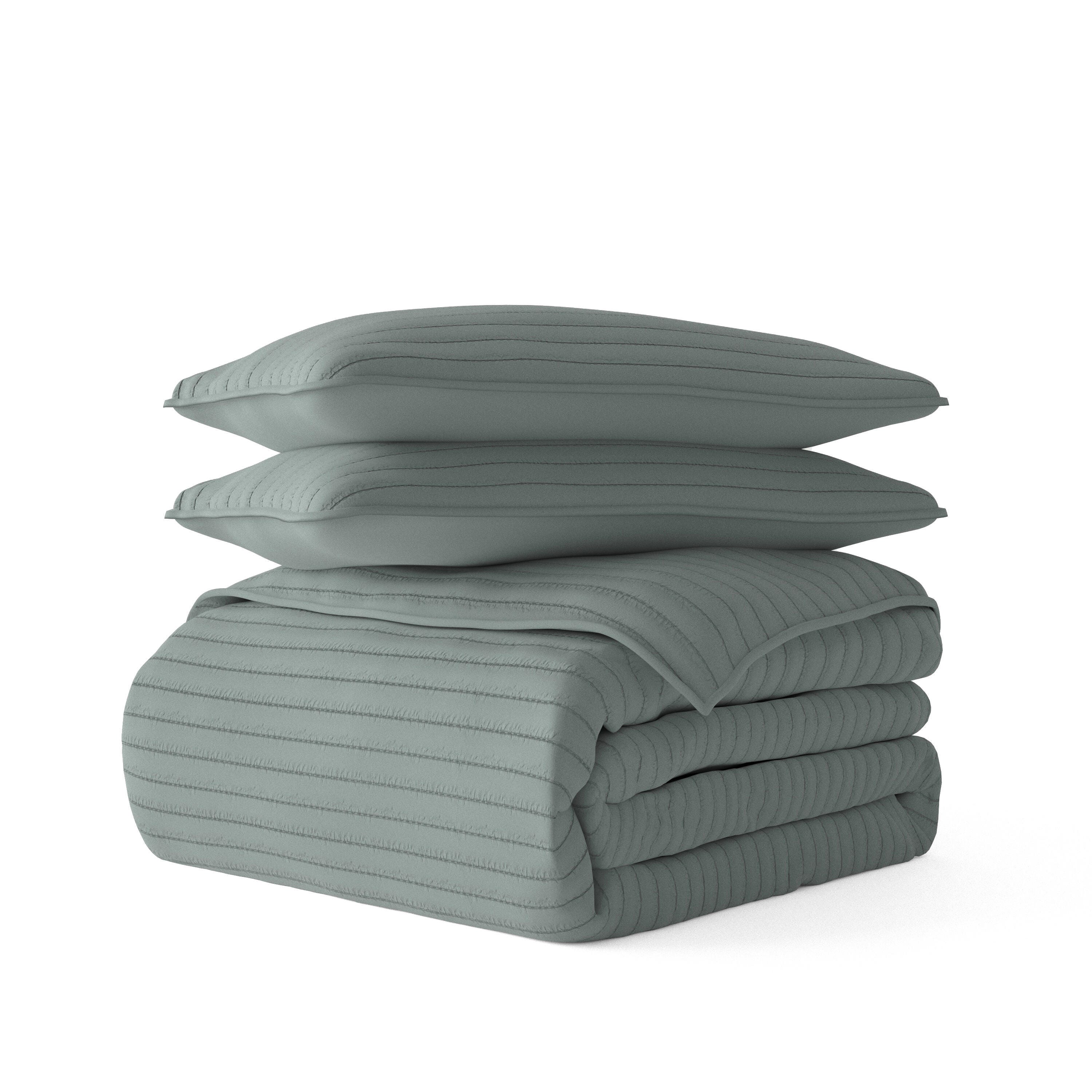 Ienjoy Home All Season 3 Piece Full/Queen Stripe Stitch Quilt Set with Shams, Eucalyptus, large