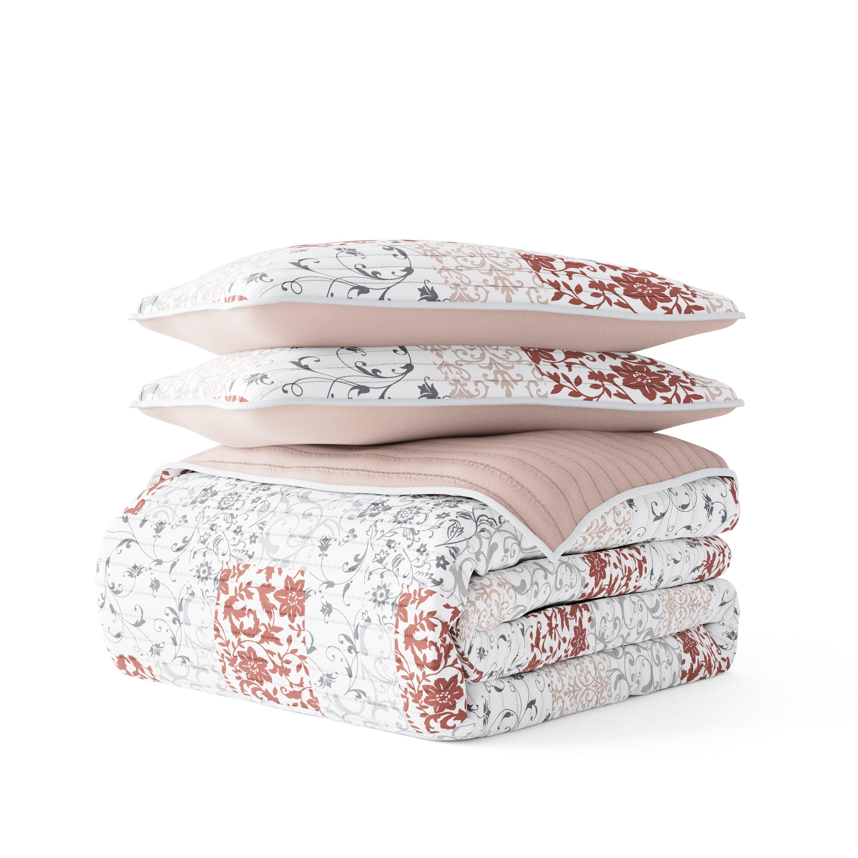 Ienjoy Home All Season 3 Piece King/California King Scrolled Patchwork Reversible Quilt Set with Shams, Blush, rollover