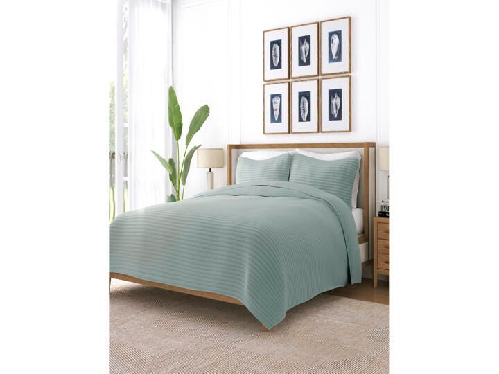 Ienjoy Home All Season 3 Piece King/California King Stripe Stitch Quilt Set with Shams, Eucalyptus, large