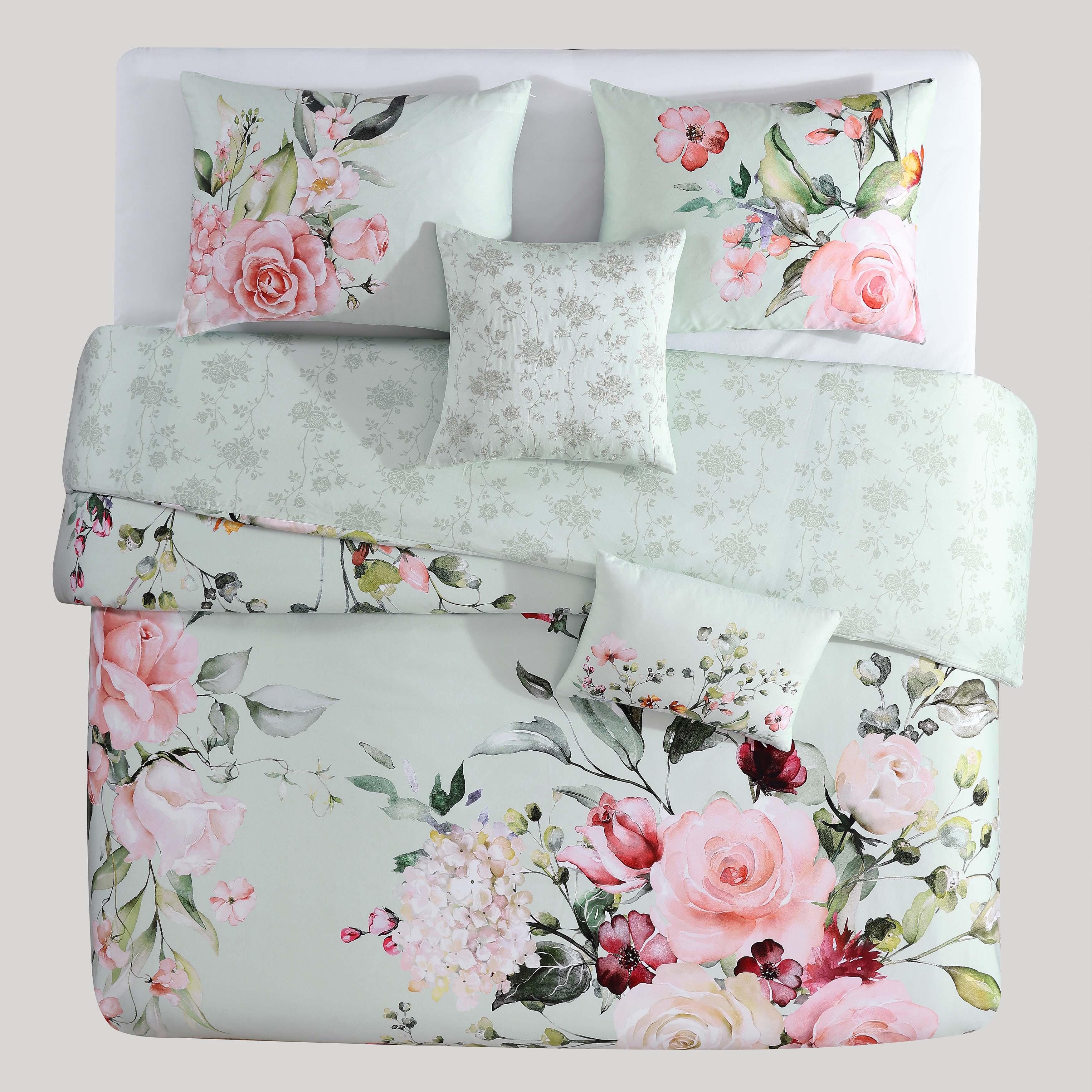 Bebejan® Rose on Misty Green 100% Cotton 5-Piece Reversible Comforter Set, Green, large