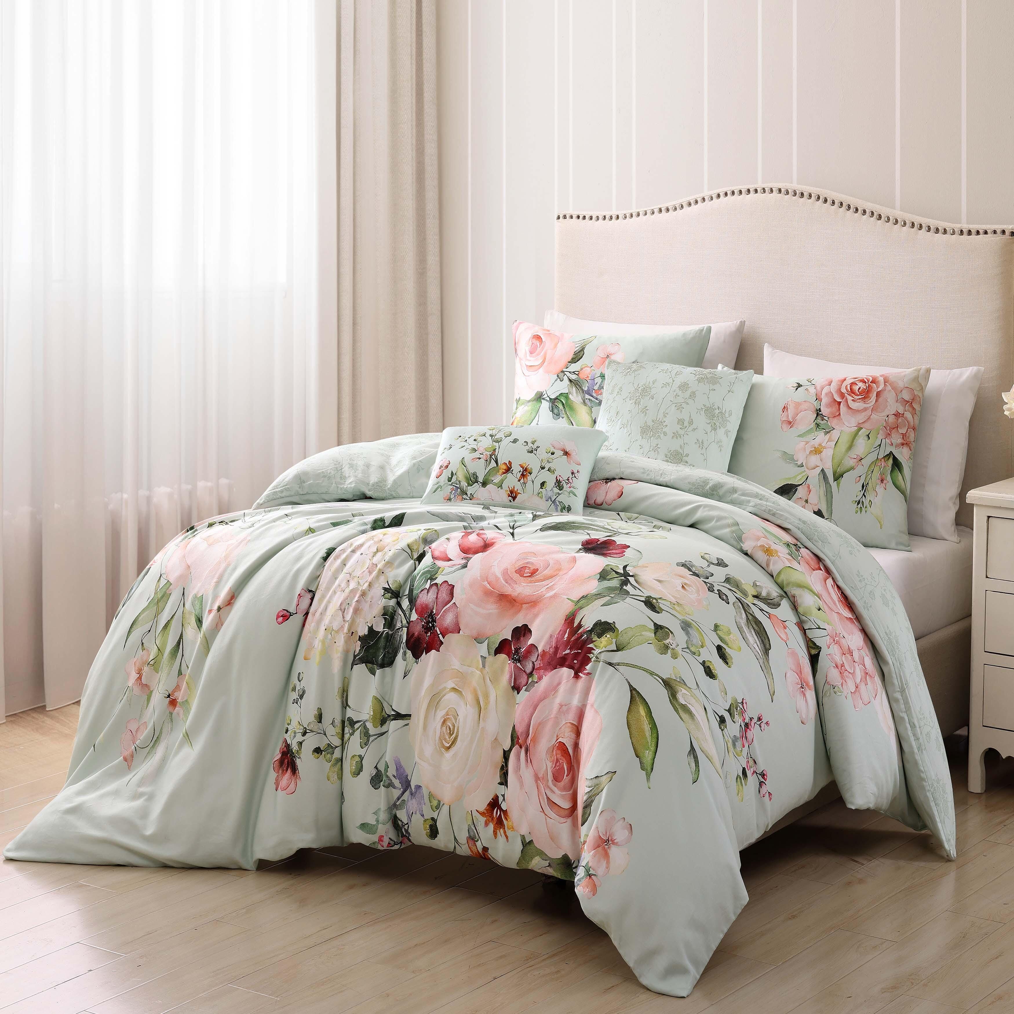 Bebejan® Rose on Misty Green 100% Cotton 5-Piece Reversible Comforter Set, Green, large