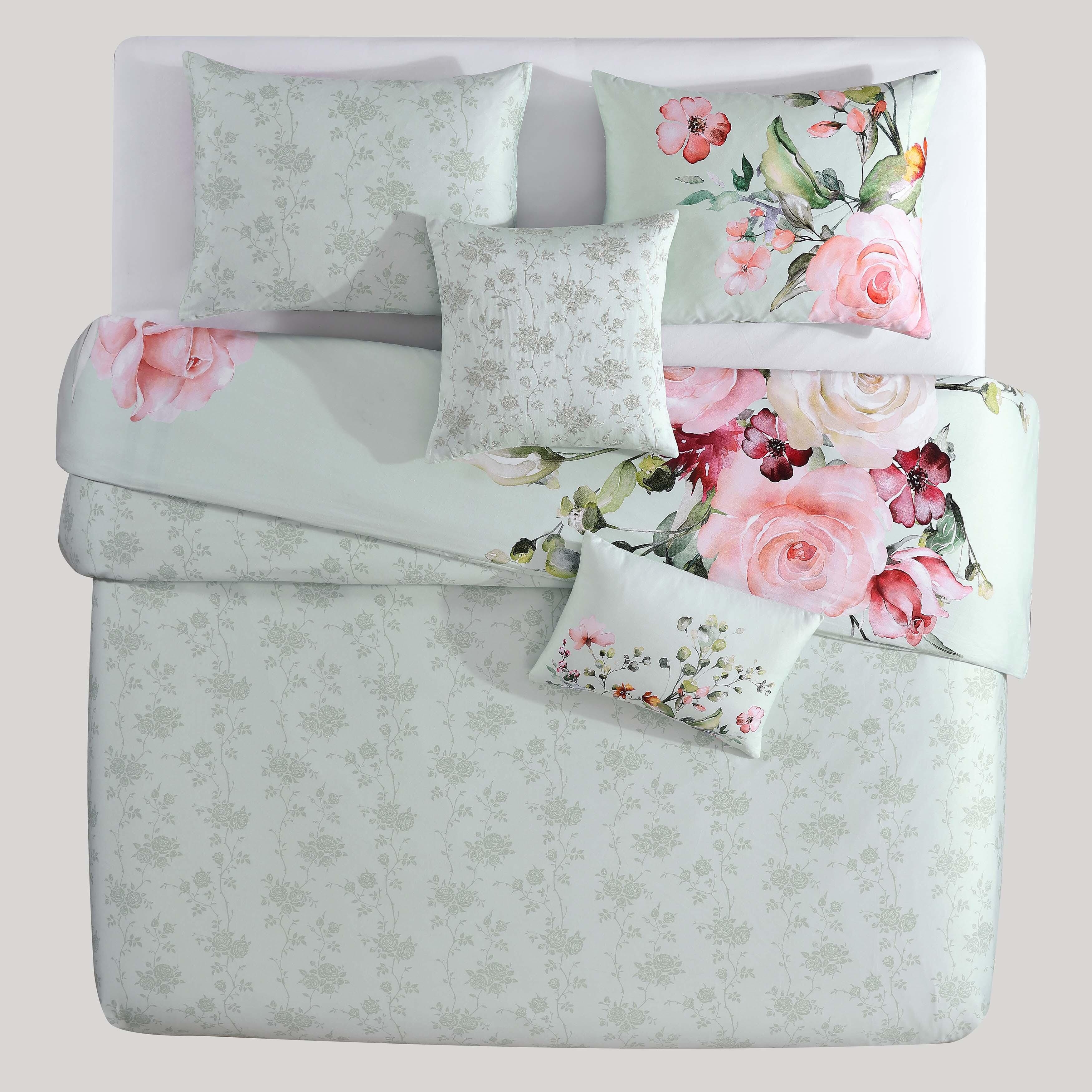 Bebejan® Rose on Misty Green 100% Cotton 5-Piece Reversible Comforter Set, Green, large