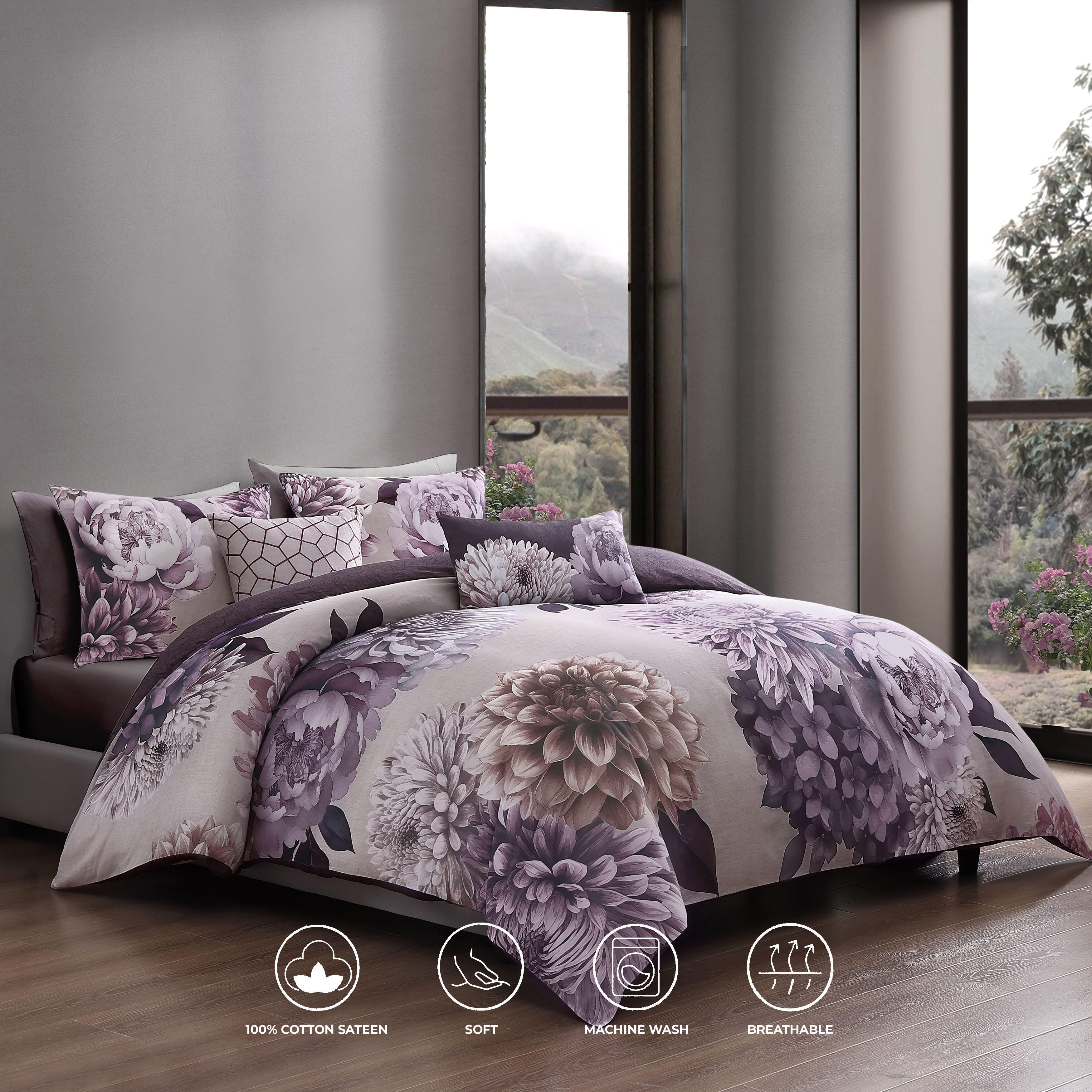 Bebejan® Bloom 100% Cotton 5-Piece Reversible Comforter Set, Purple, large