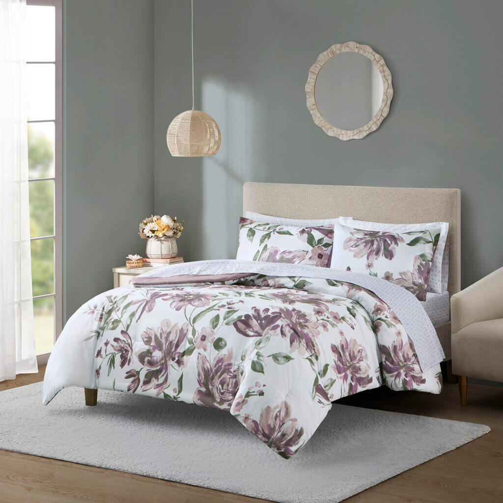 Alice California King Floral Comforter Set with Bed Sheets, Mauve, large