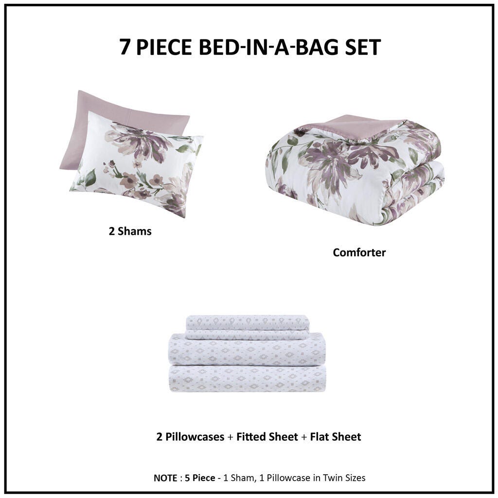 Alice California King Floral Comforter Set with Bed Sheets, Mauve, large