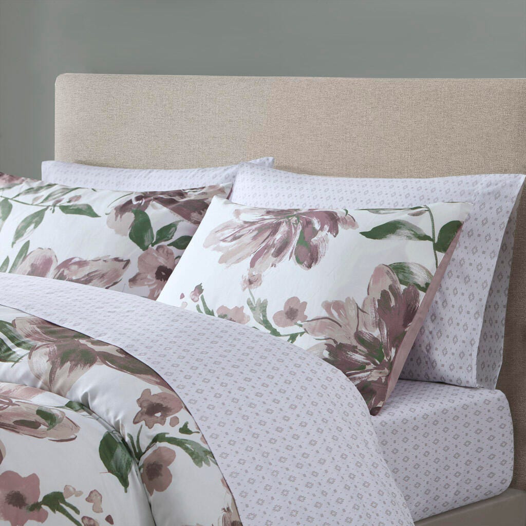 Alice Queen Floral Comforter Set with Bed Sheets, Mauve, large