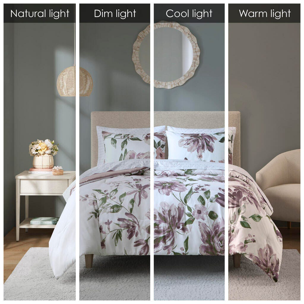 Alice Twin Floral Comforter Set with Bed Sheets, Mauve, large