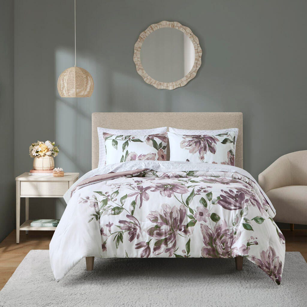 Alice Twin Floral Comforter Set with Bed Sheets, Mauve, large