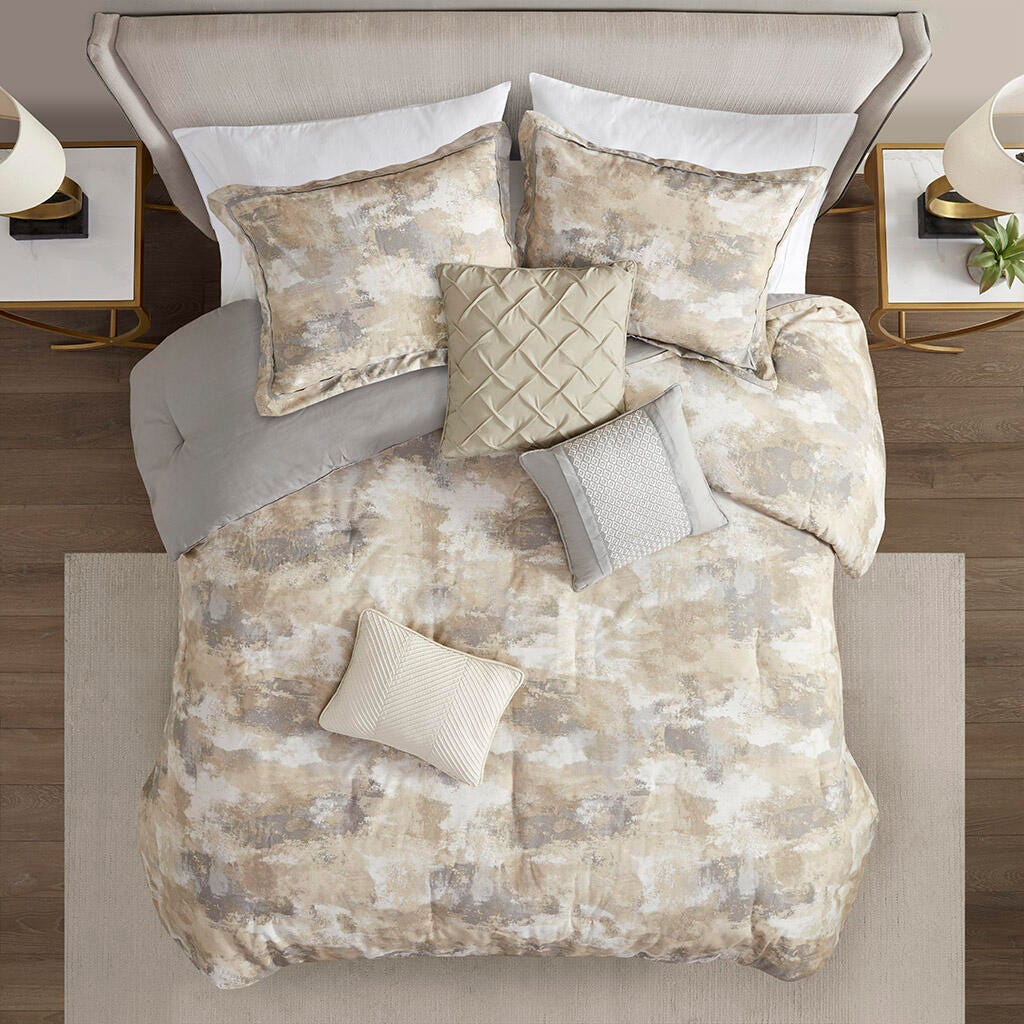 Beacon California King 7 Piece Textured Blend Comforter Set, Gray, large