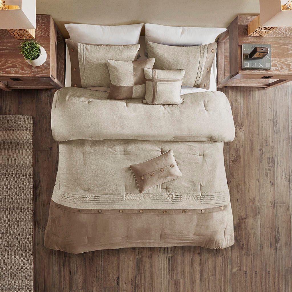 Boone California King 7 Piece Faux Suede Comforter Set, Tan, large