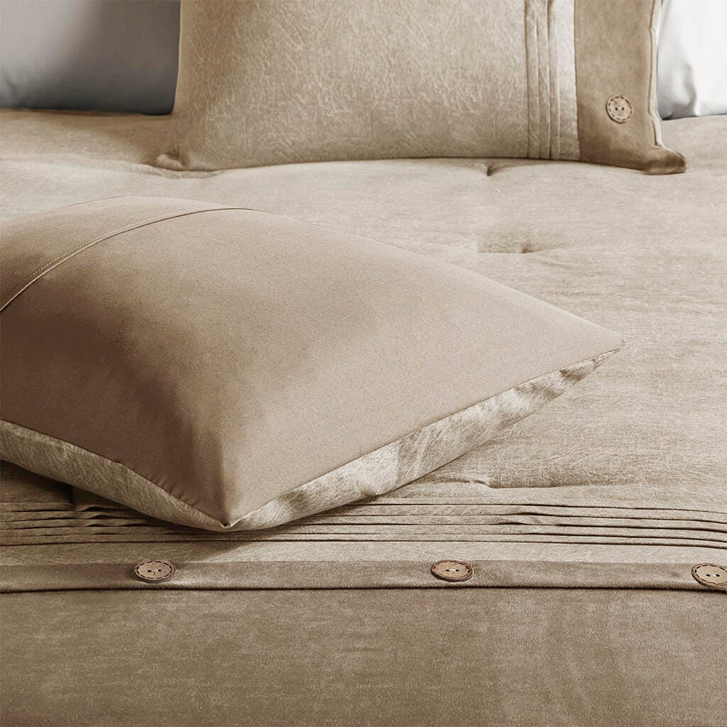 Boone California King 7 Piece Faux Suede Comforter Set, Tan, large