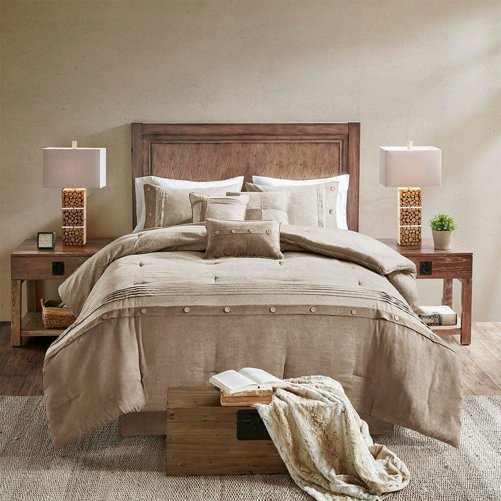 Boone King 7 Piece Faux Suede Comforter Set, Tan, large