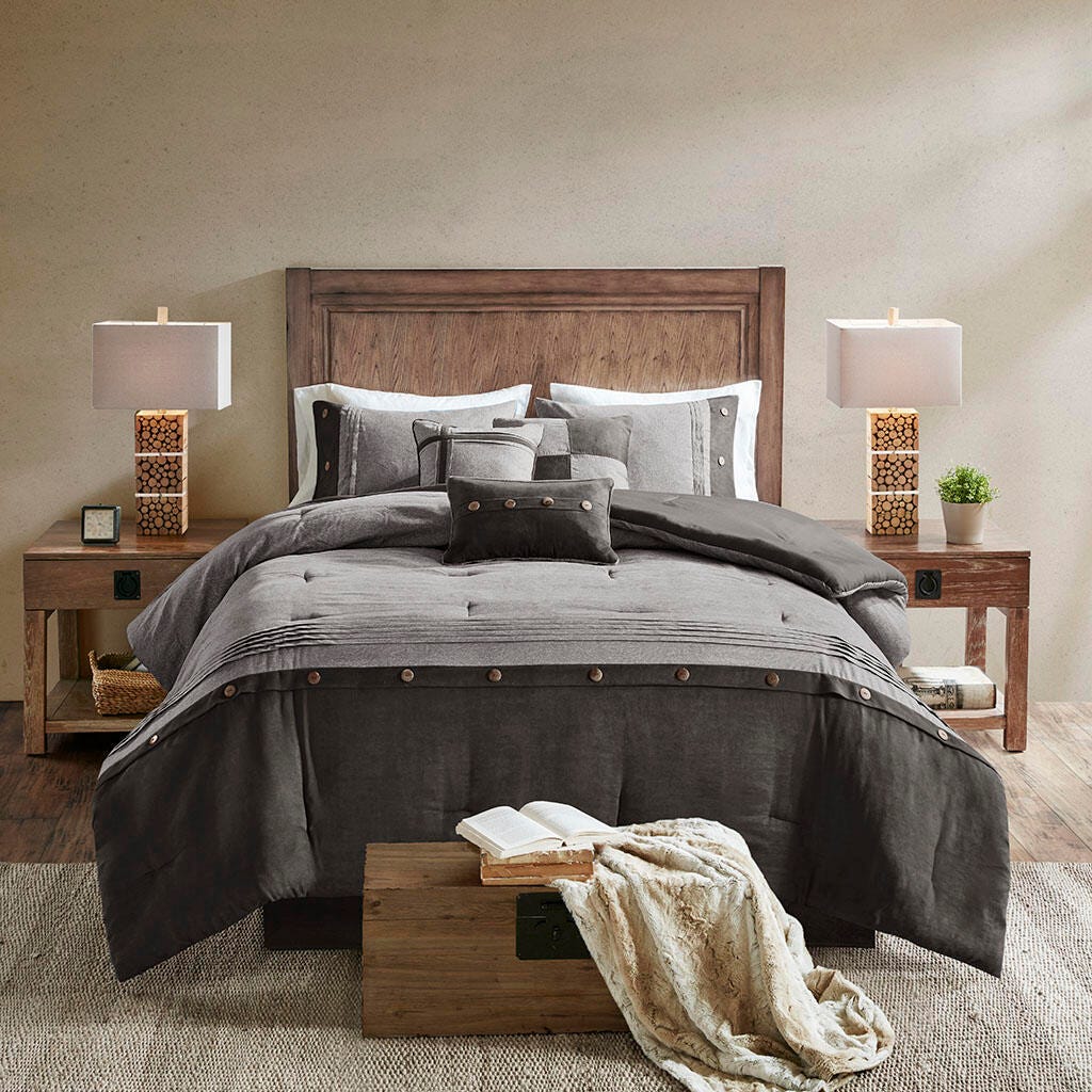 Boone California King 7 Piece Faux Suede Comforter Set, Gray, large