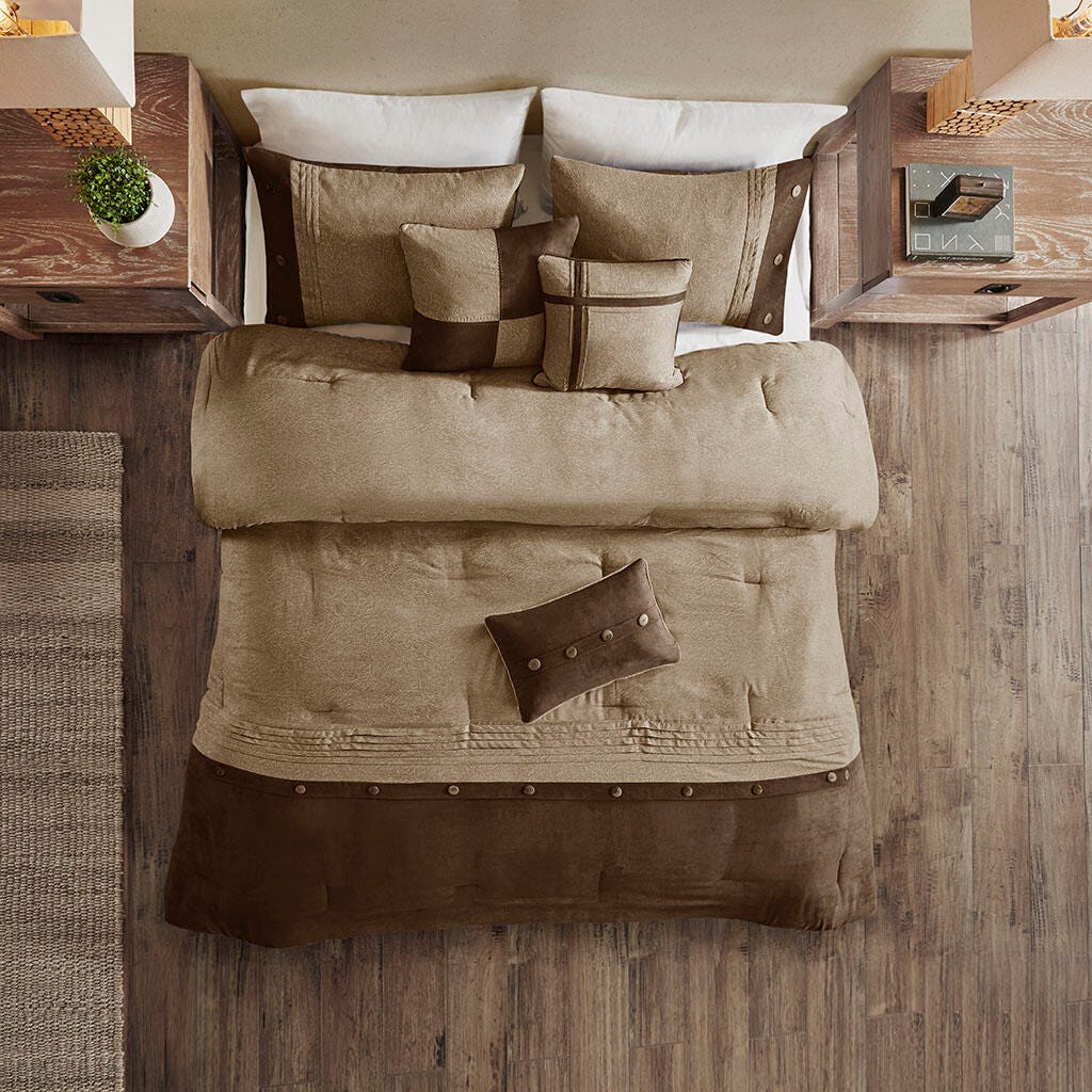 Boone California King 7 Piece Faux Suede Comforter Set, Brown, large