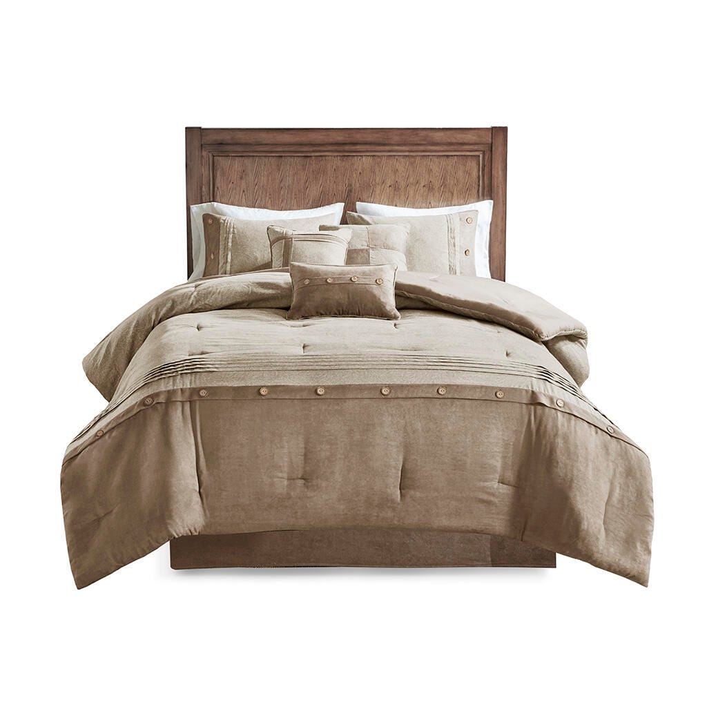 Boone Queen 7 Piece Faux Suede Comforter Set, Tan, rollover