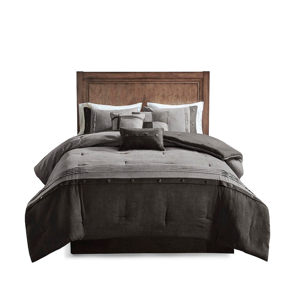 Boone Queen 7 Piece Faux Suede Comforter Set, Gray, rollover