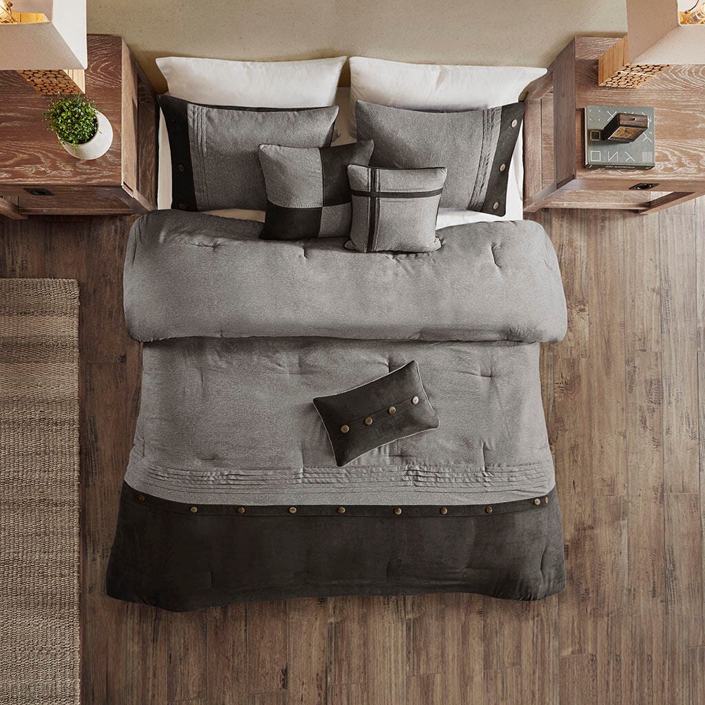 Boone Queen 7 Piece Faux Suede Comforter Set, Gray, large