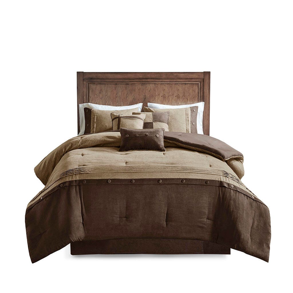 Boone Queen 7 Piece Faux Suede Comforter Set, Brown, rollover