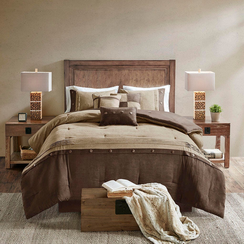 Boone Queen 7 Piece Faux Suede Comforter Set, Brown, large