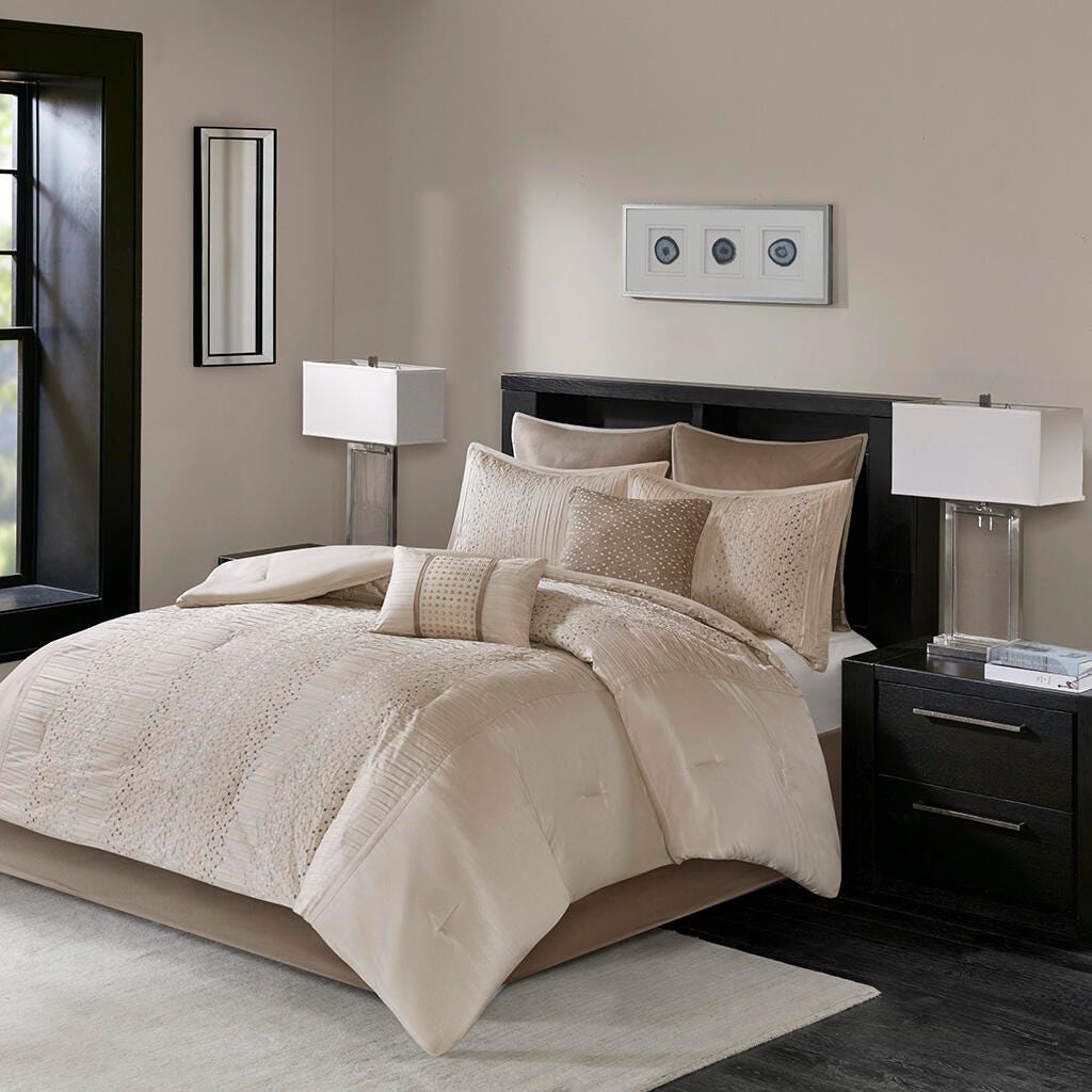 Camelia Queen 8 Piece Embroidered Comforter Set, Natural, large