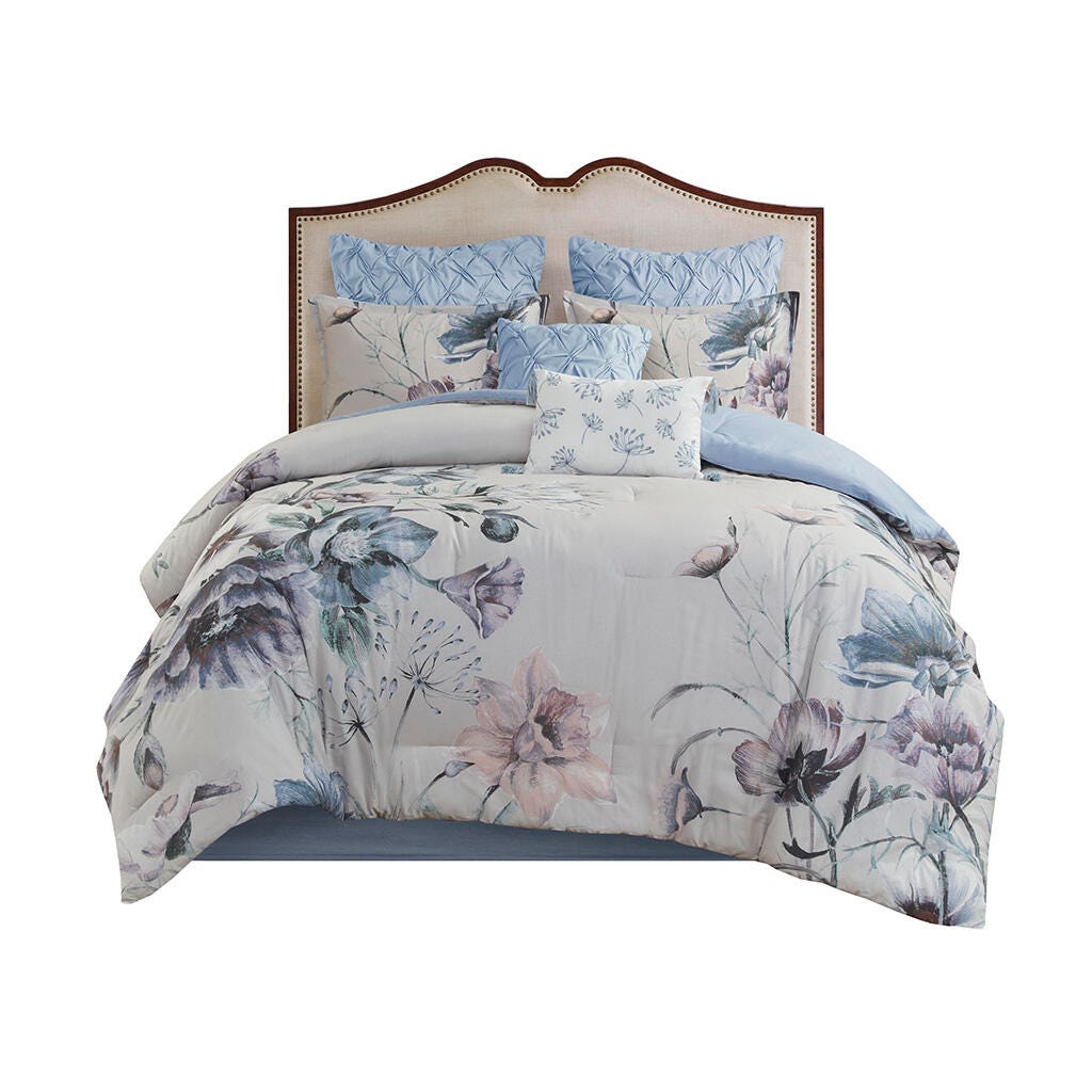 Cassandra King 8 Piece Printed Comforter Set, Blue, rollover