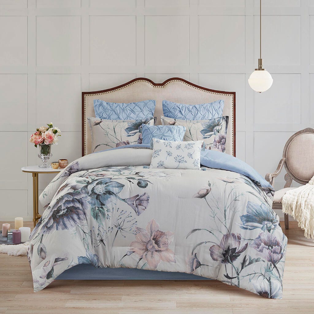 Cassandra King 8 Piece Printed Comforter Set, Blue, large