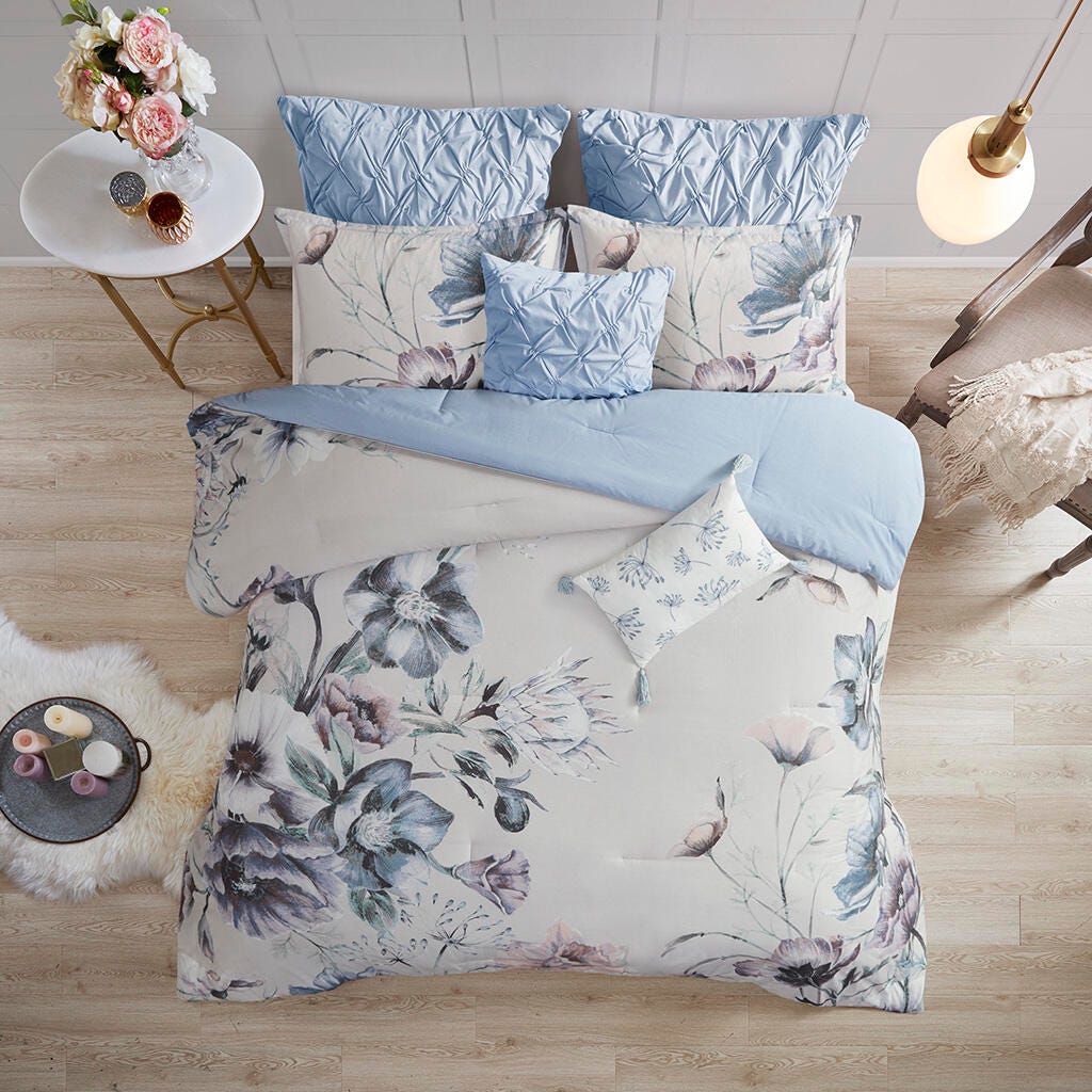 Cassandra King 8 Piece Printed Comforter Set, Blue, large