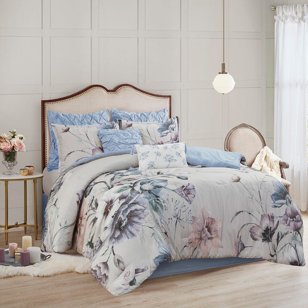 Cassandra King 8 Piece Printed Comforter Set, Blue, large