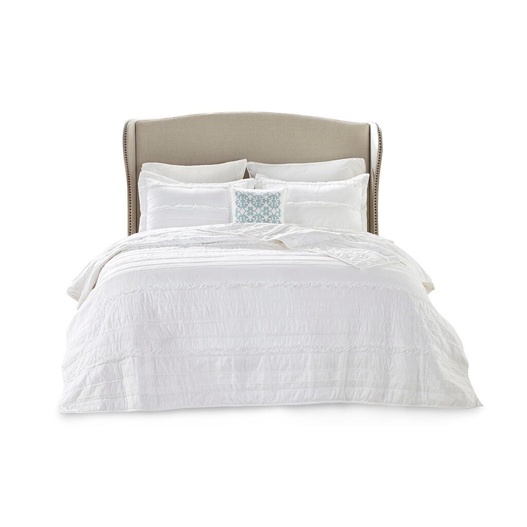 Celeste King/California King 4 Piece Reversible Ruffle Quilt Set with Throw Pillow, White, rollover