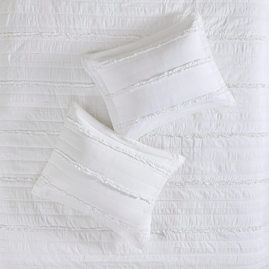 Celeste Full/Queen 4 Piece Reversible Ruffle Quilt Set with Throw Pillow, White, large
