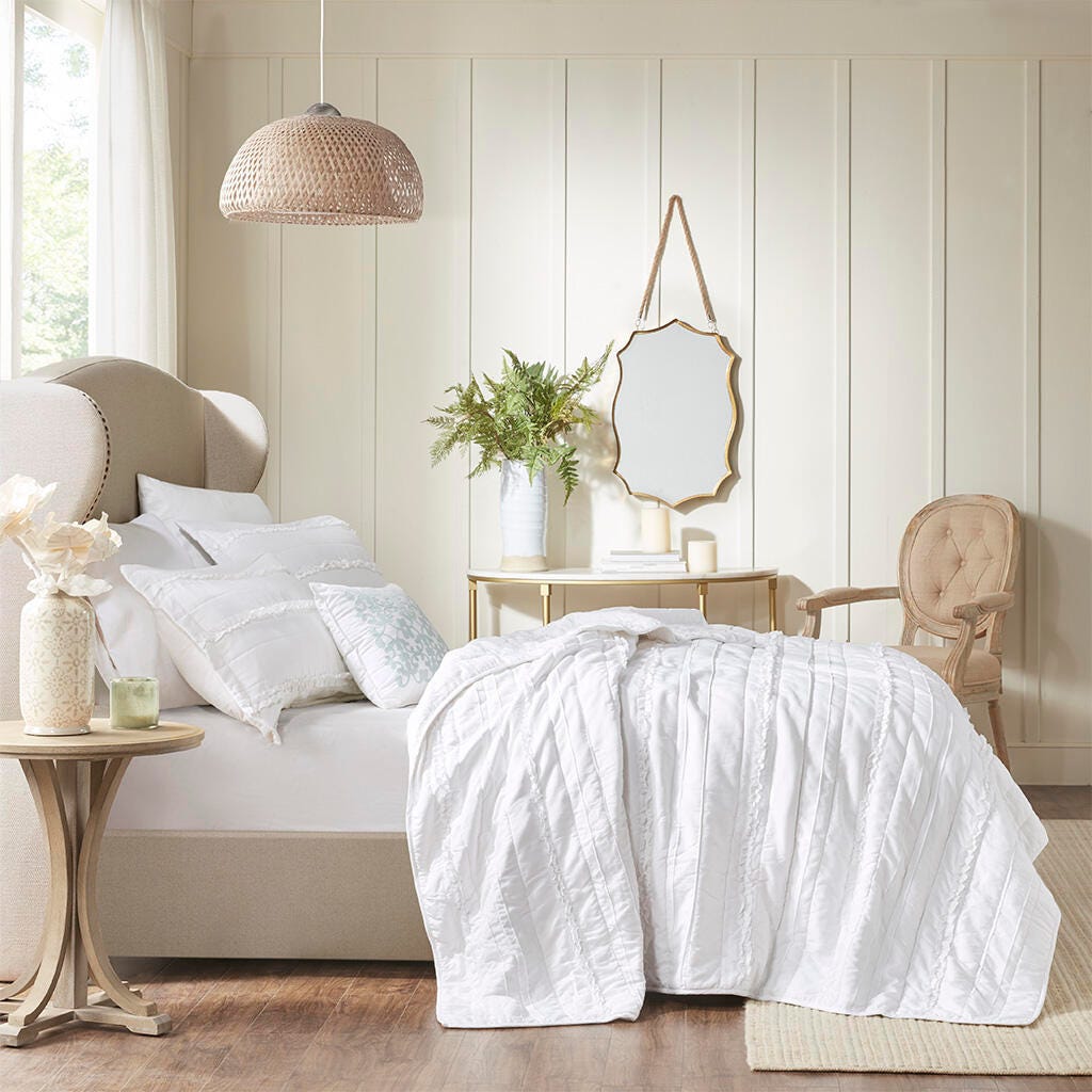 Celeste Full/Queen 4 Piece Reversible Ruffle Quilt Set with Throw Pillow, White, large