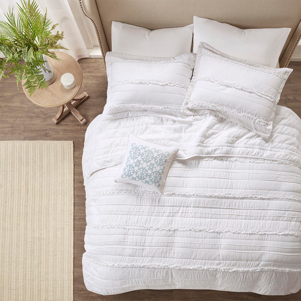 Celeste Full/Queen 4 Piece Reversible Ruffle Quilt Set with Throw Pillow, White, large