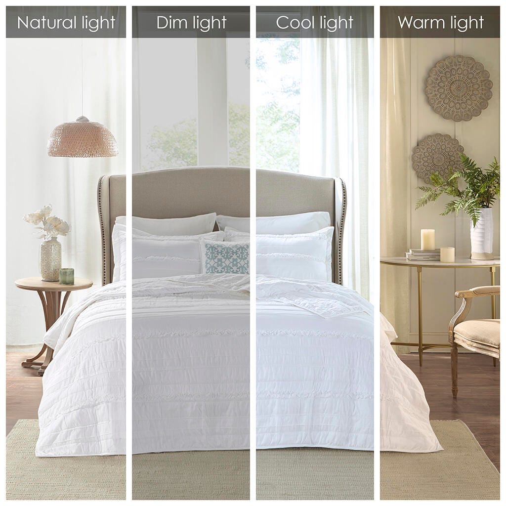 Celeste Full/Queen 4 Piece Reversible Ruffle Quilt Set with Throw Pillow, White, large