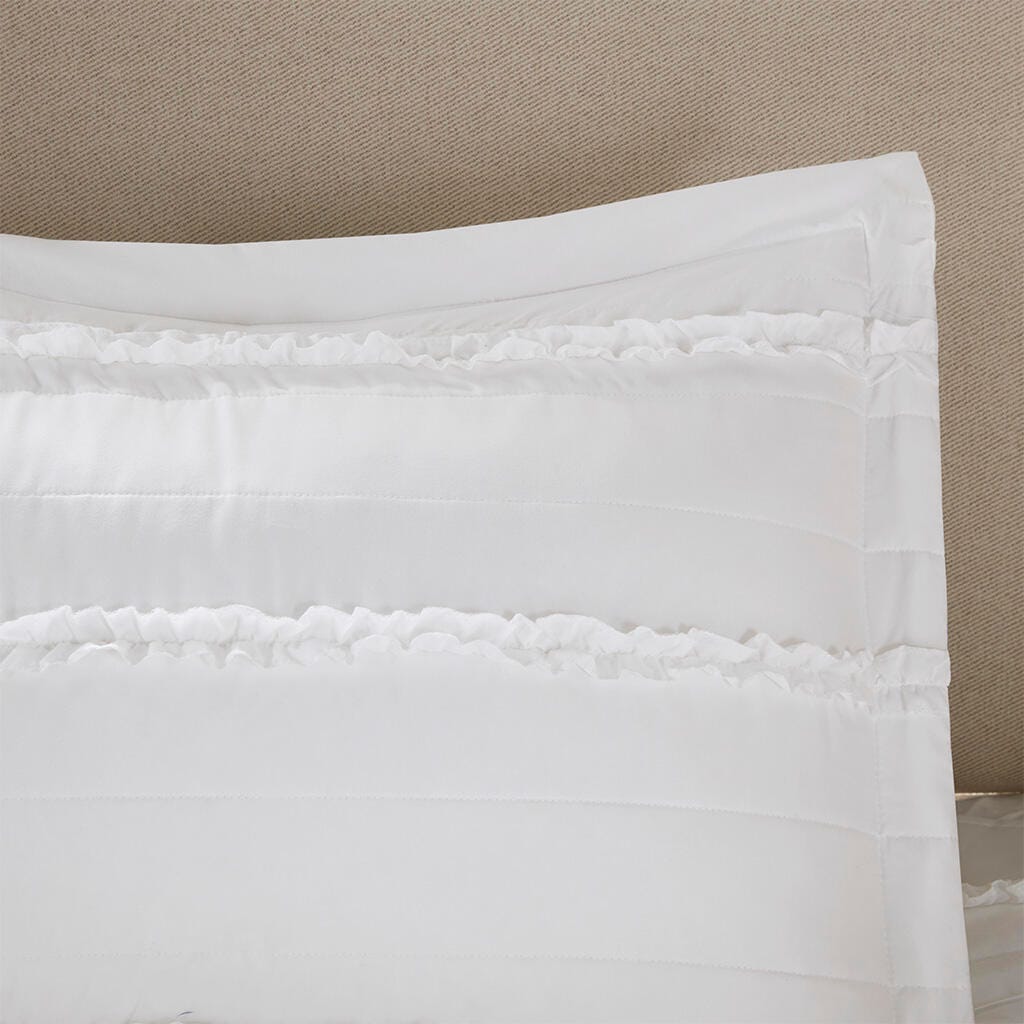 Celeste Full/Queen 4 Piece Reversible Ruffle Quilt Set with Throw Pillow, White, large
