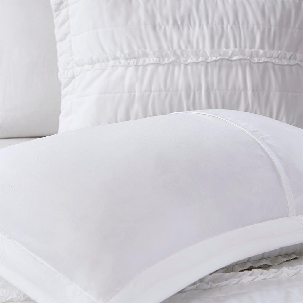 Celeste Full/Queen 4 Piece Reversible Ruffle Quilt Set with Throw Pillow, White, large