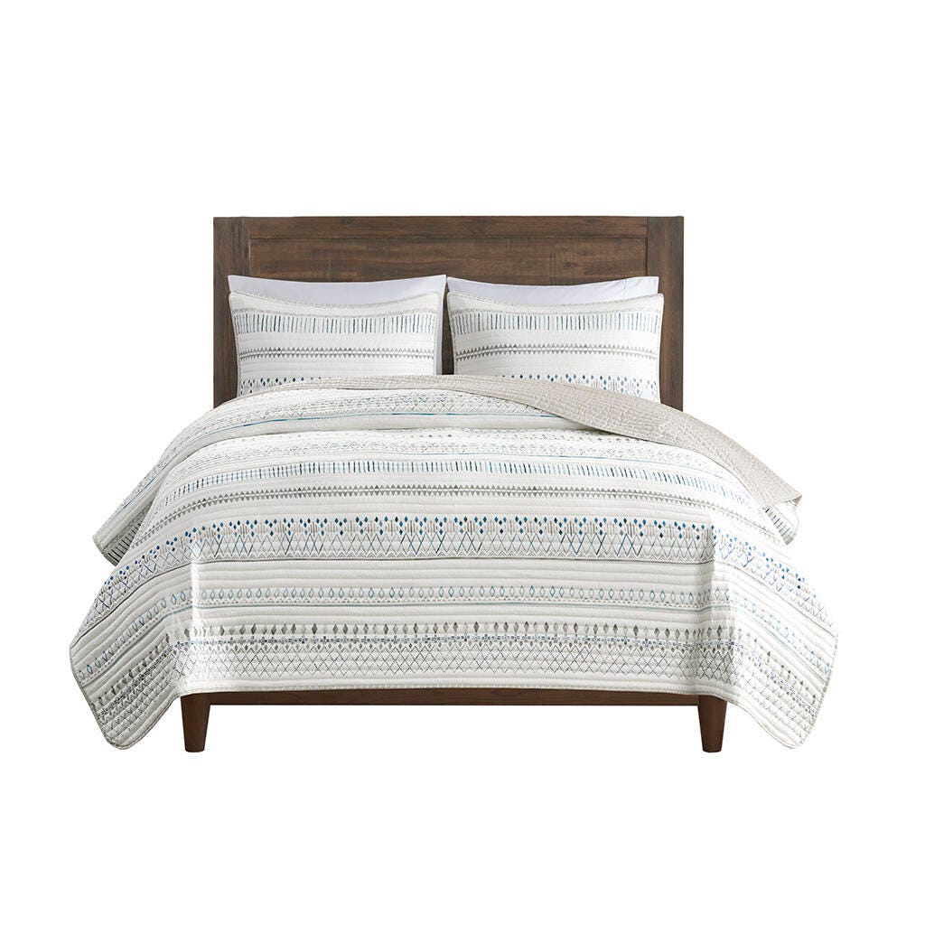 Fraser Full/Queen 3 Piece Printed Microfiber Seersucker Quilt Set, Taupe Multi, rollover