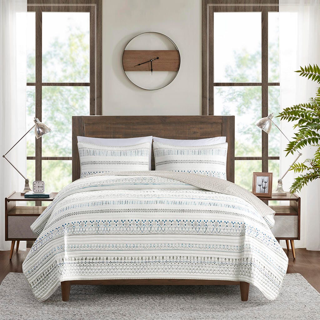 Fraser Full/Queen 3 Piece Printed Microfiber Seersucker Quilt Set, Taupe Multi, large