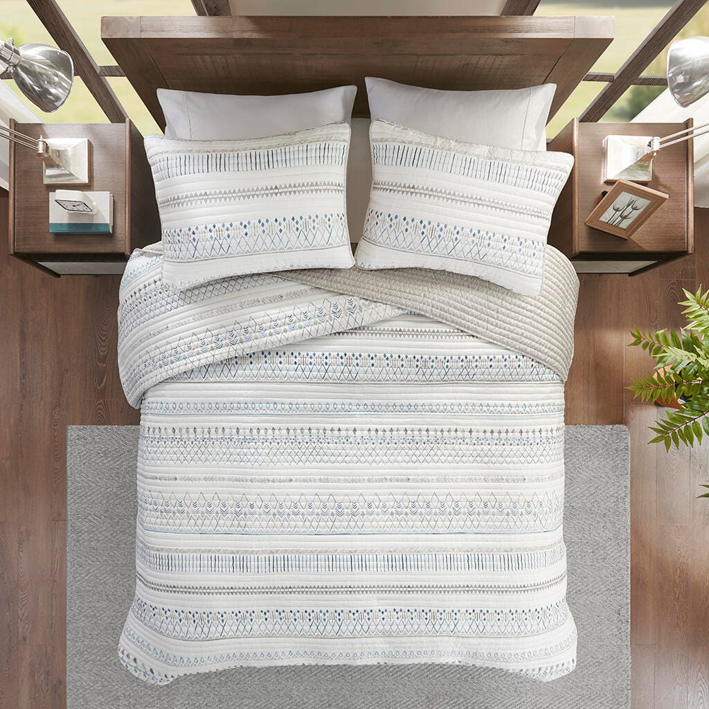 Fraser Full/Queen 3 Piece Printed Microfiber Seersucker Quilt Set, Taupe Multi, large