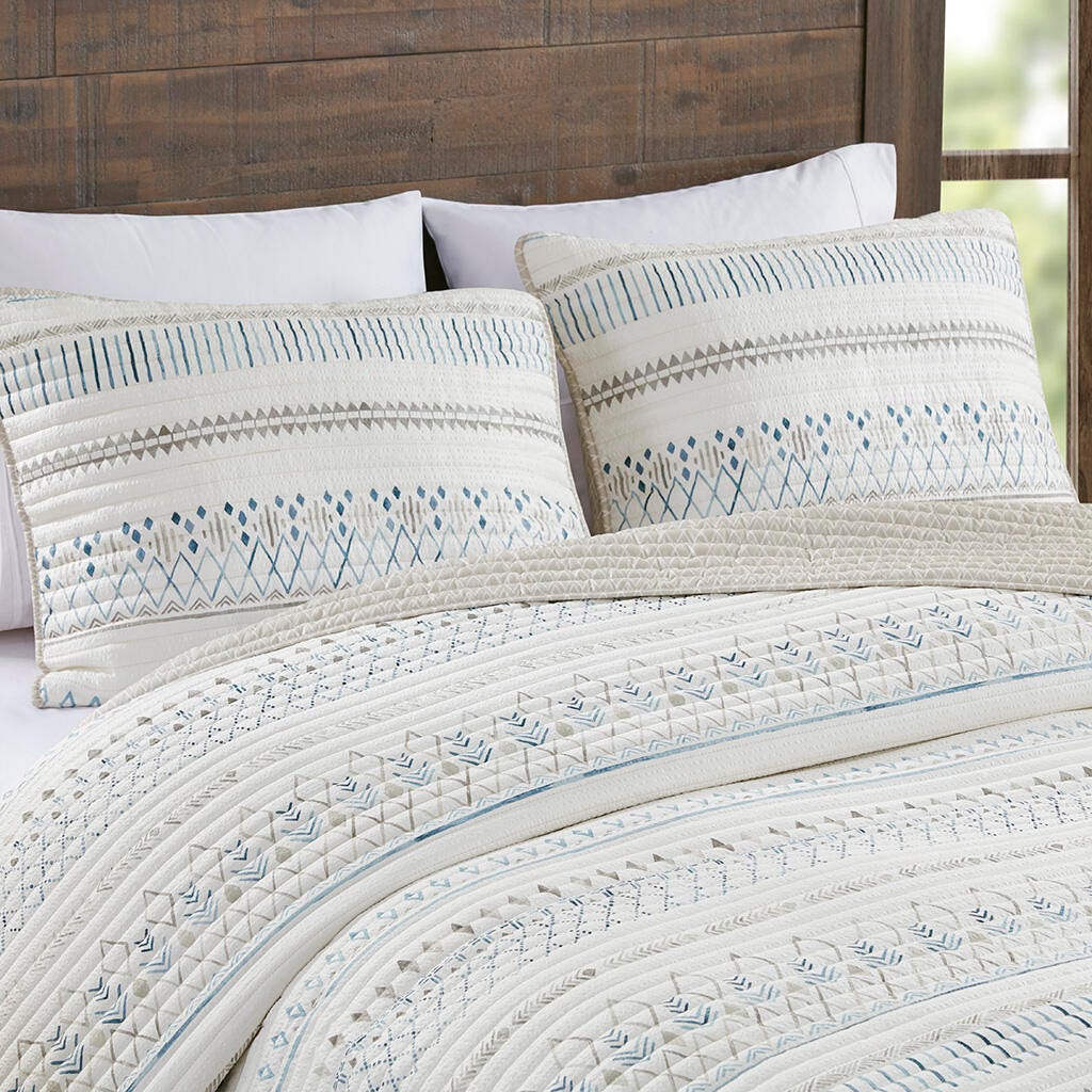 Fraser Full/Queen 3 Piece Printed Microfiber Seersucker Quilt Set, Taupe Multi, large