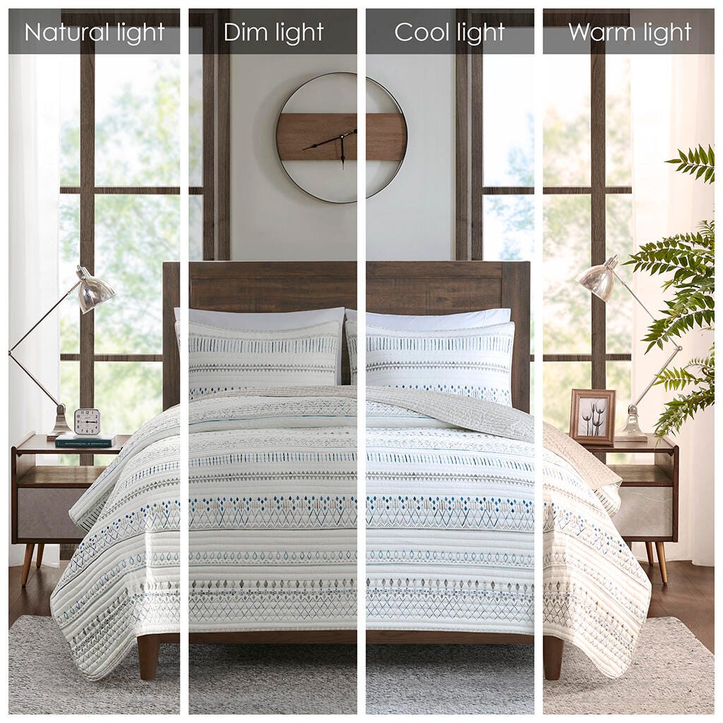 Fraser Full/Queen 3 Piece Printed Microfiber Seersucker Quilt Set, Taupe Multi, large