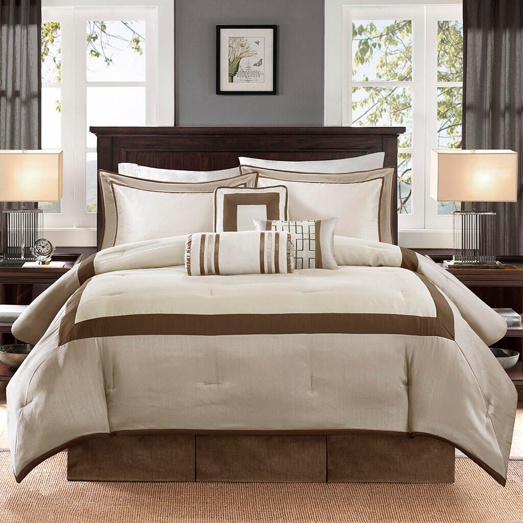 Genevieve California King 7 Piece Comforter Set, Taupe/Brown, large