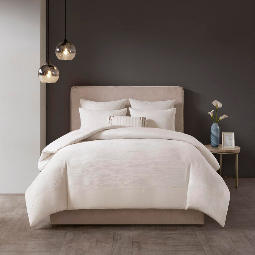 Hanae King/California King Blend Yarn Dyed 3 Piece Comforter Set, White, large