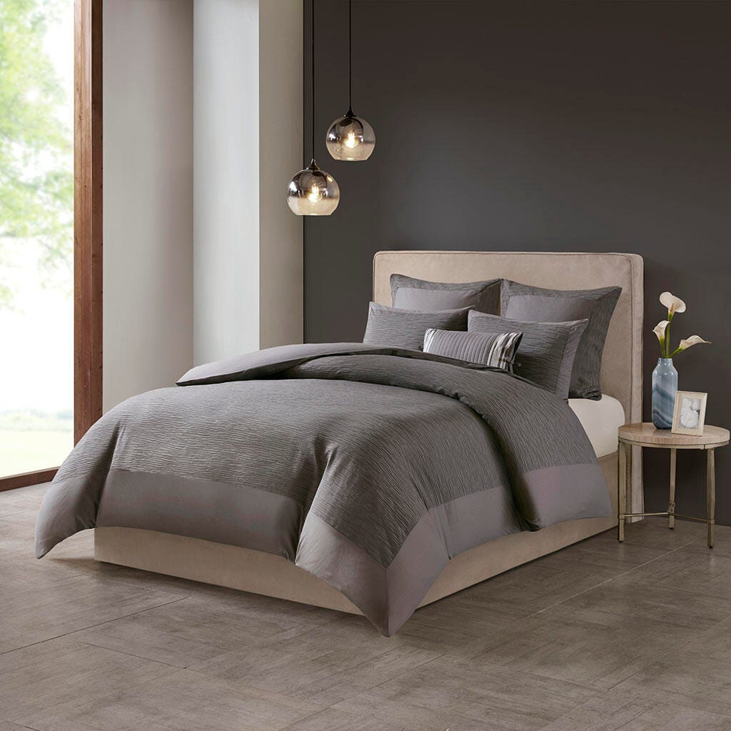 Hanae Full/Queen Blend Yarn Dyed 3 Piece Duvet Cover Set, Gray, large