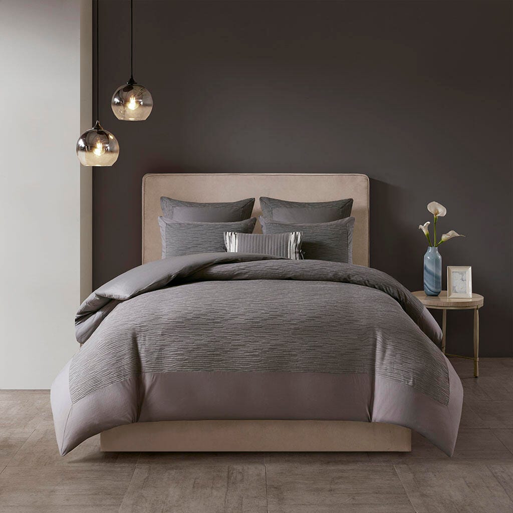 Hanae Full/Queen Blend Yarn Dyed 3 Piece Duvet Cover Set, Gray, rollover